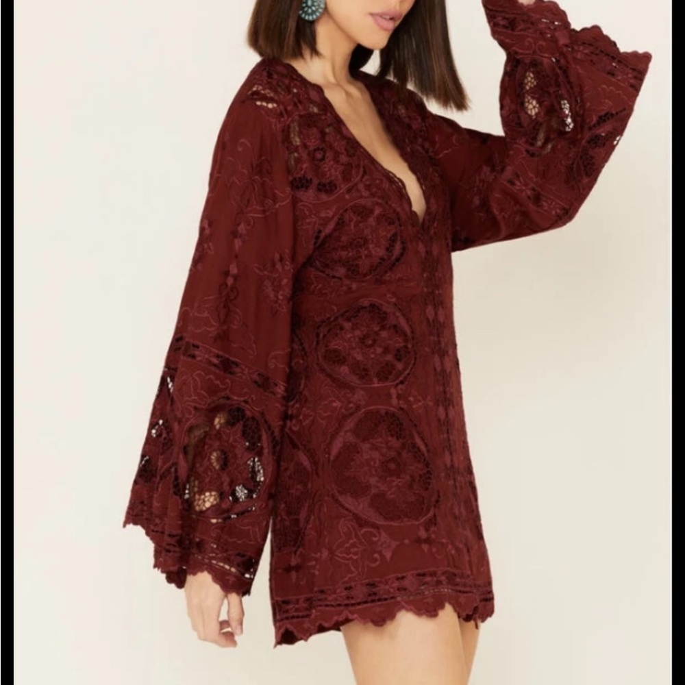 Free People NWT Cutwork Northern Lights Mini Dress Embroidered Bell Sleeve‎ XS